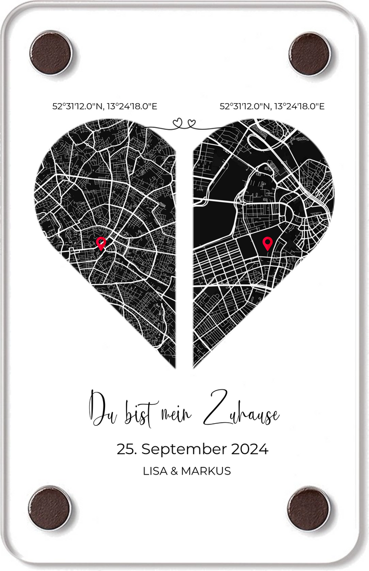 Du bist mein Zuhause“ – Acrylglas-Fotomagnet mit Herz & Koordinaten für Fernbeziehungen