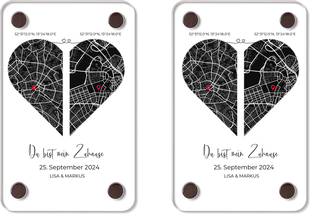 Du bist mein Zuhause“ – Acrylglas-Fotomagnet mit Herz & Koordinaten für Fernbeziehungen