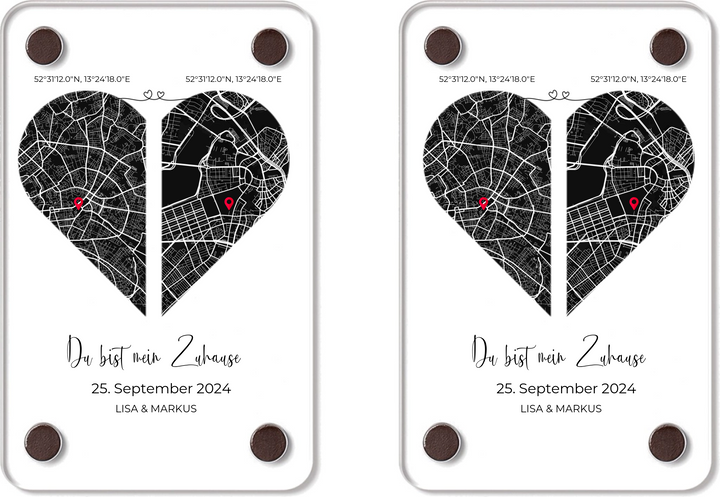 Du bist mein Zuhause“ – Acrylglas-Fotomagnet mit Herz & Koordinaten für Fernbeziehungen