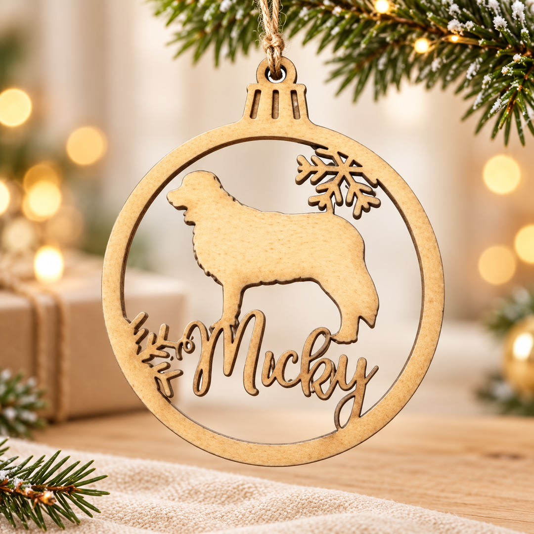 Hunde-Baumschmuck aus Holz mit Namen & Rasse – Gestaltungsbeispiel
