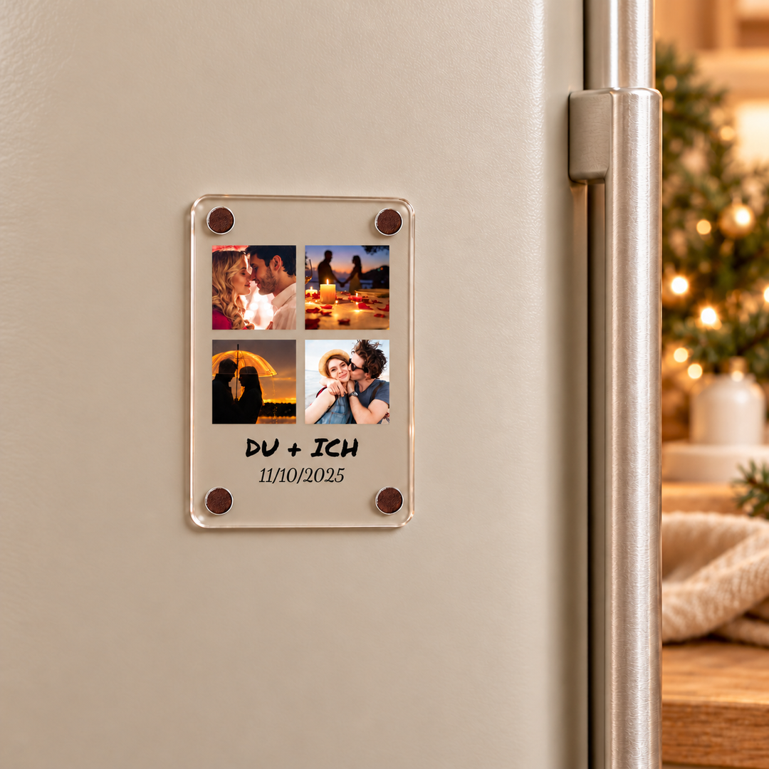 Retro Love Album – Acryl-Fotomagnet mit vier Bildern – 9 × 6 cm Acrylmagnet am sandbeigen Kühlschrank