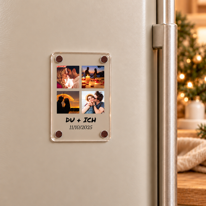 Retro Love Album – Acryl-Fotomagnet mit vier Bildern – 9 × 6 cm Acrylmagnet am sandbeigen Kühlschrank