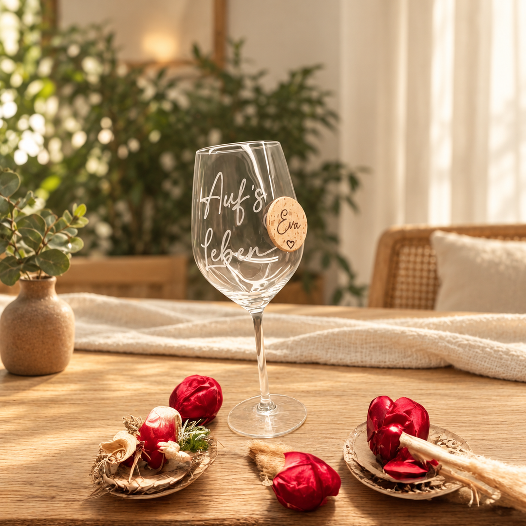 Glasmarkierer aus Holz mit Namen und Magnet – Gestaltungsbeispiel