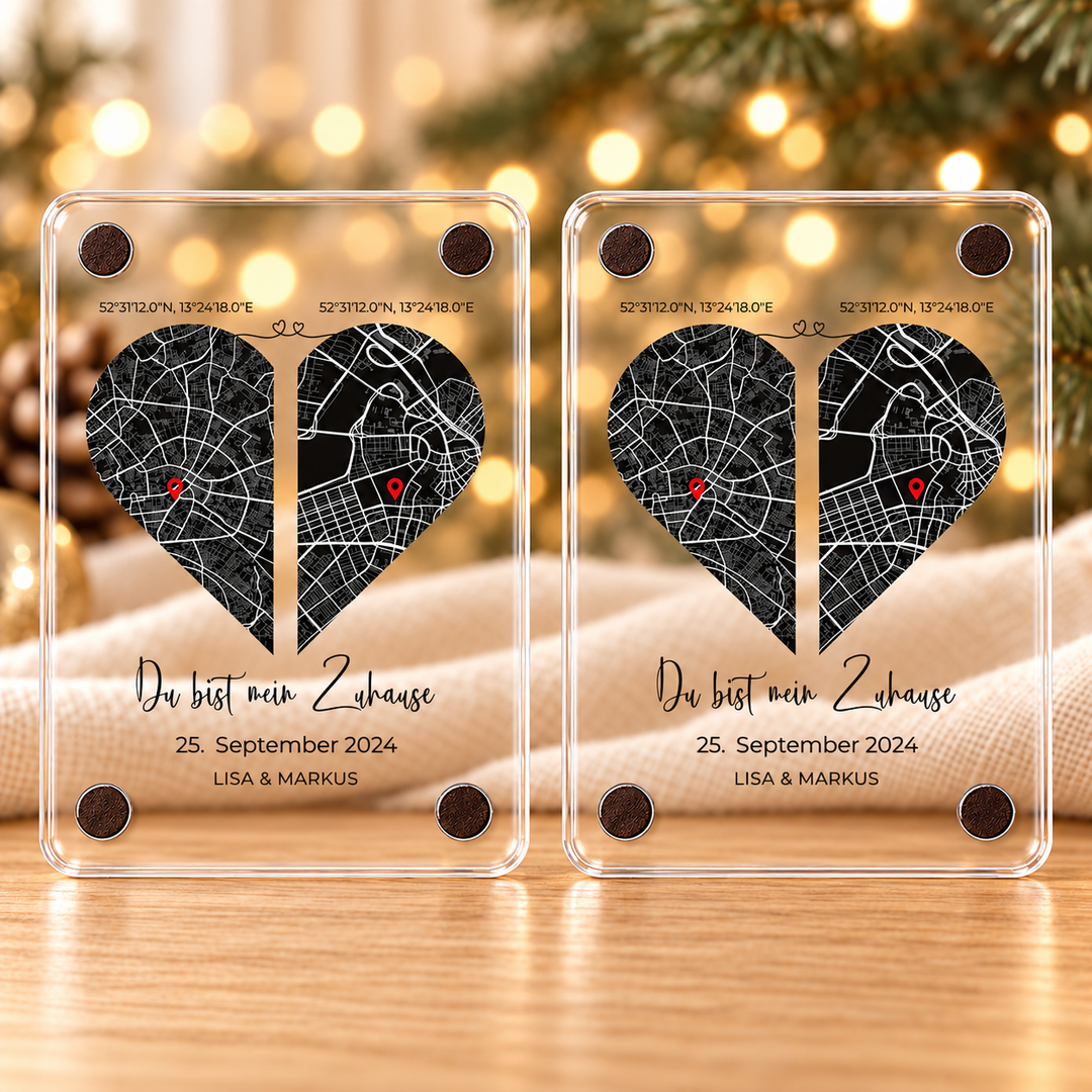 Du bist mein Zuhause – Acrylmagnet mit zwei Orten – 2er-Set aus transparentem Acryl
