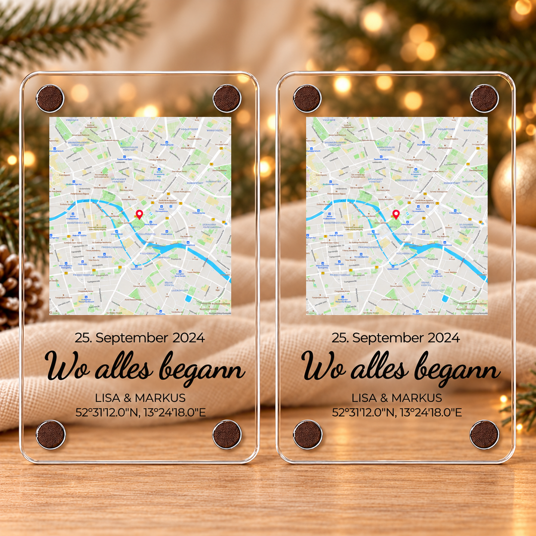 Wo alles begann – Acrylmagnet mit Ort und Datum – 2er-Set aus transparentem Acryl