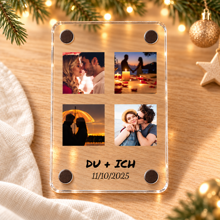 Retro Love Album – Acryl-Fotomagnet mit vier Bildern – transparentes Acryl mit UV-Druck und vier Eckmagneten