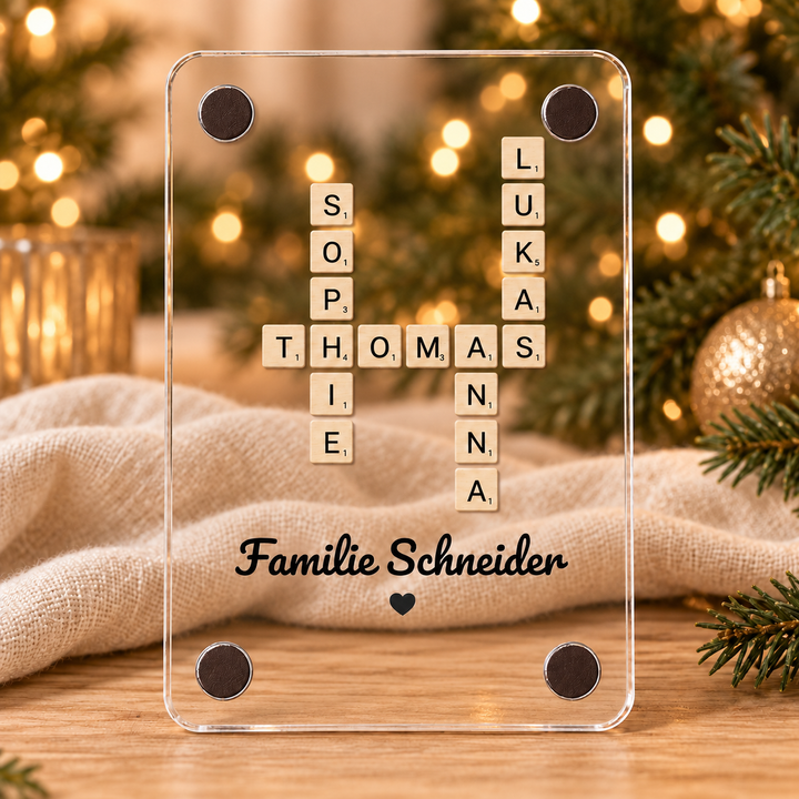 Familien-Kreuzworträtsel als Acrylmagnet mit Namen – transparentes Acryl mit UV-Druck und vier Eckmagneten