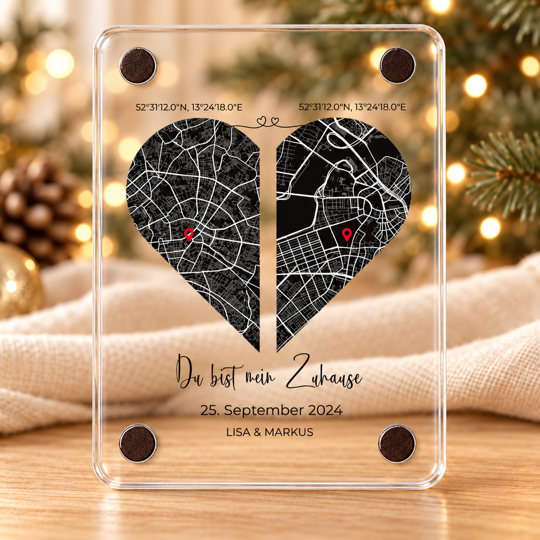 Du bist mein Zuhause – Acrylmagnet mit zwei Orten – transparentes Acryl mit UV-Druck und vier Eckmagneten