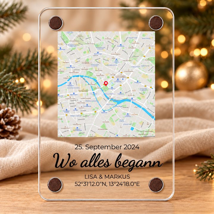 Wo alles begann – Acrylmagnet mit Ort und Datum – transparentes Acryl mit UV-Druck und vier Eckmagneten