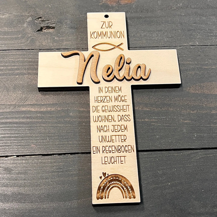 Kreuz für Konfirmation und Kommunion aus Holz personalisierbar